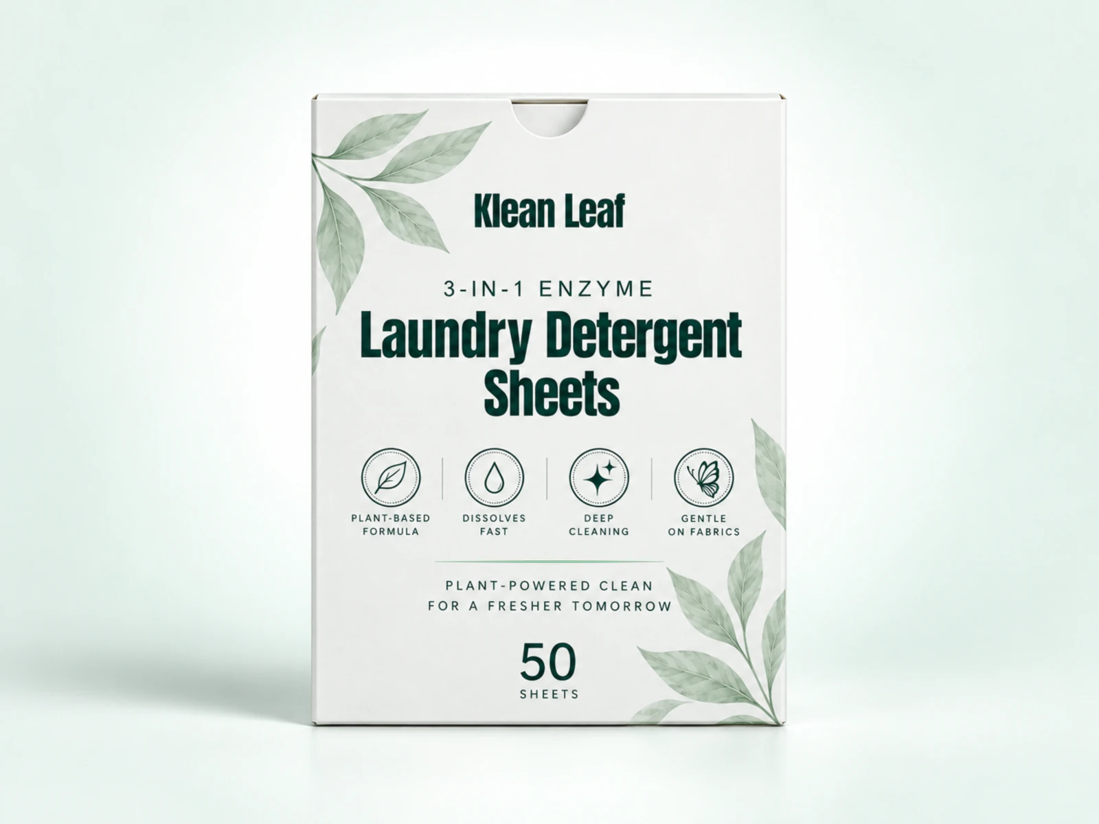 Klean Leaf 3-in-1 enzyme laundry detergent sheets in a white box