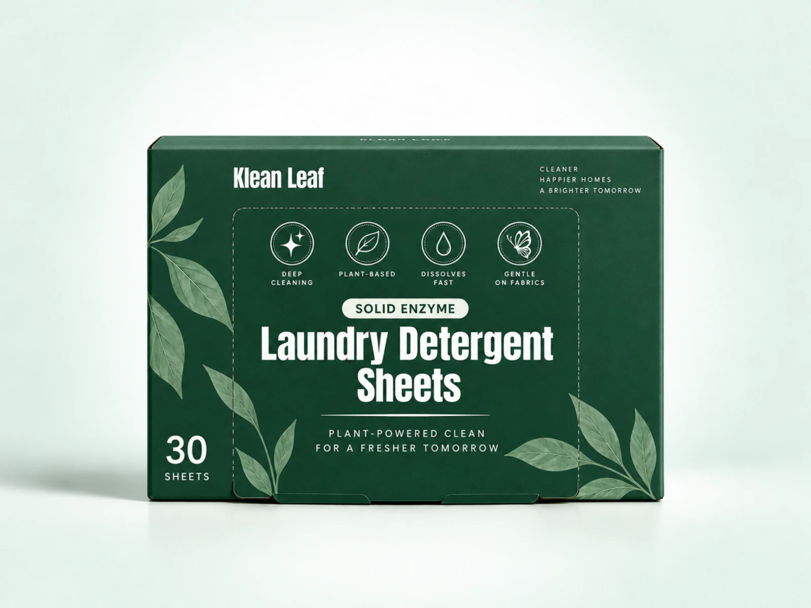 Klean Leaf solid enzyme laundry detergent sheets in a dark green box
