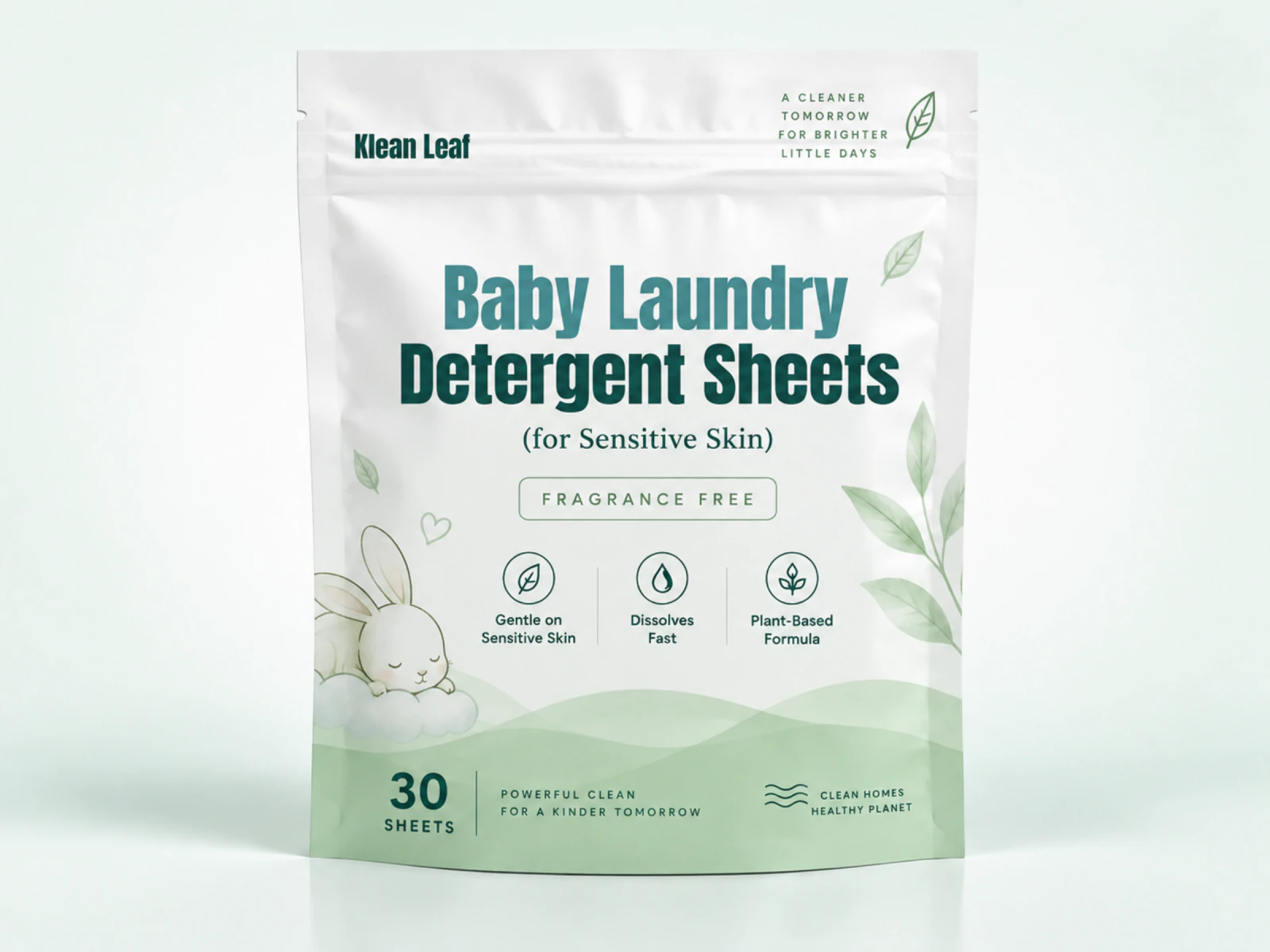 Klean Leaf baby laundry detergent sheets in a white and light green resealable pouch with a rabbit illustration