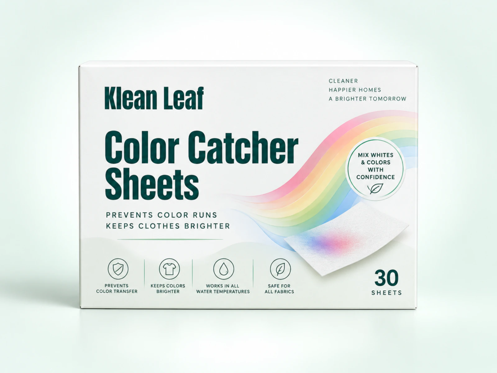Klean Leaf Color Catcher Sheets in a white box with a rainbow design