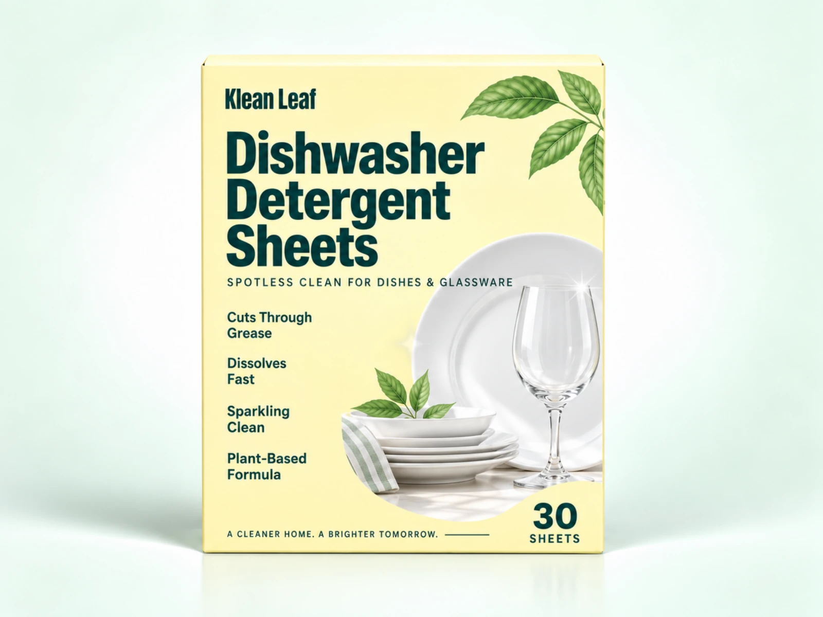 Klean Leaf dishwasher detergent sheets in a yellow box with a plate and wine glass illustration