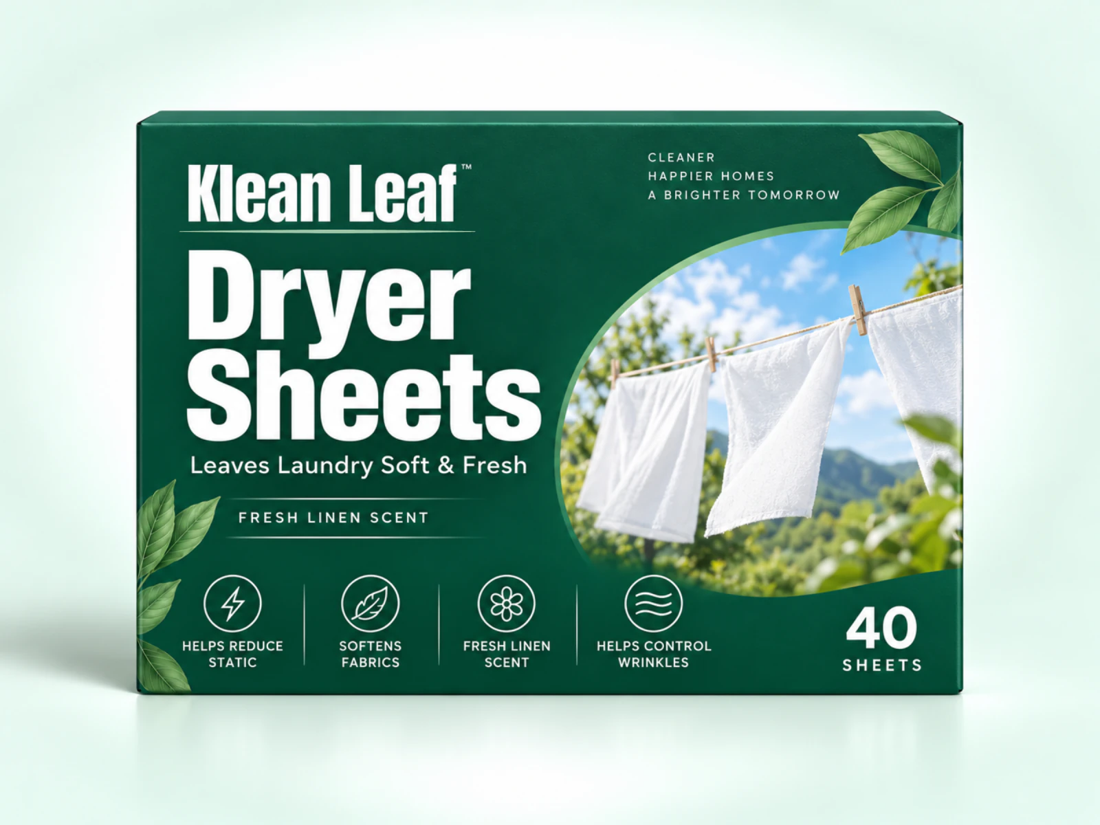 Klean Leaf Dryer Sheets in a dark green box with white laundry on a clothesline