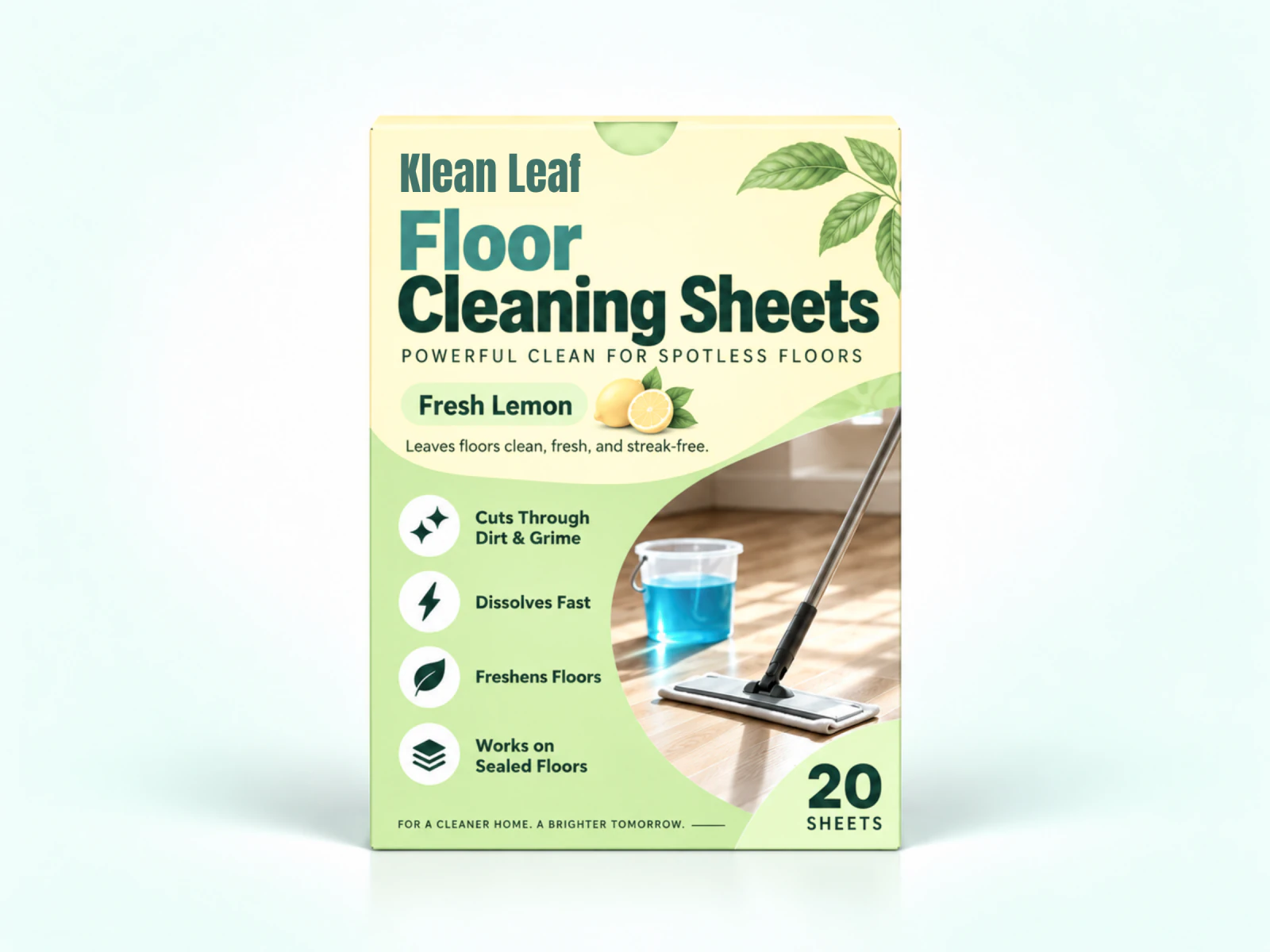 Klean Leaf Floor Cleaning Sheets in a yellow and green box with a mop and bucket