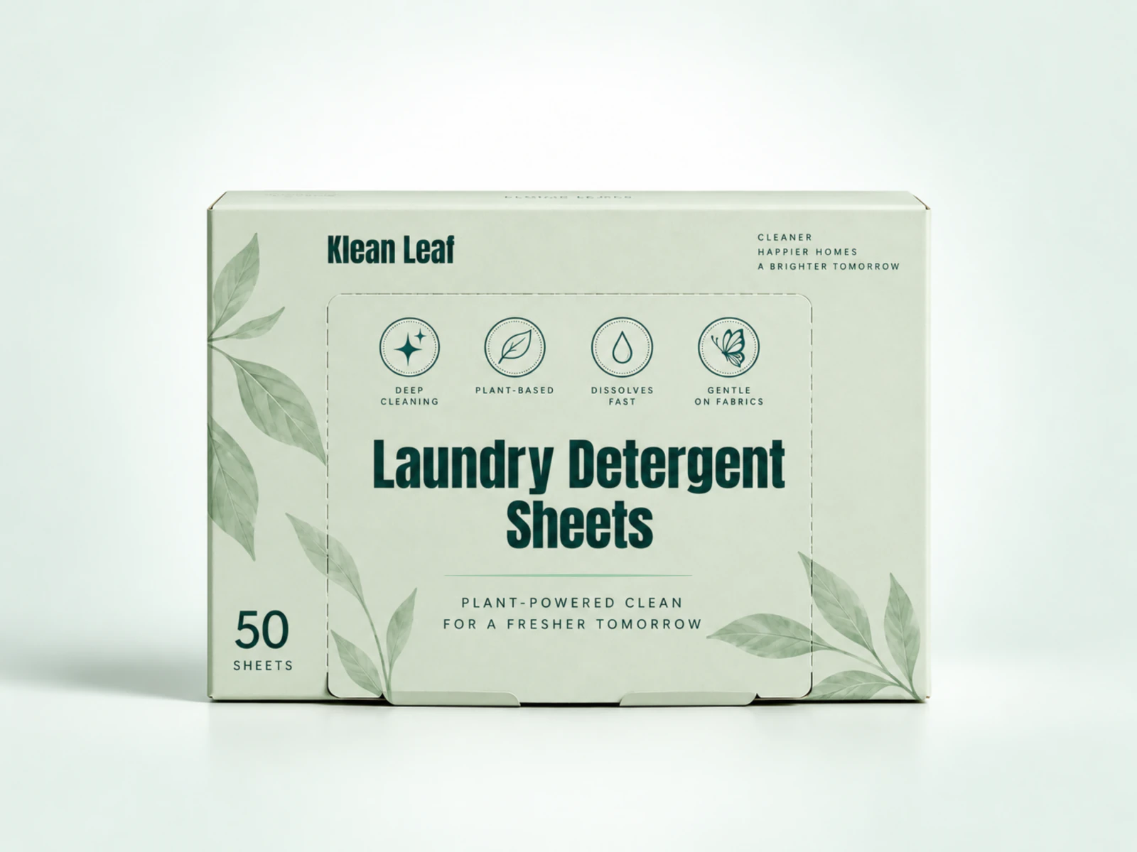 Klean Leaf laundry detergent sheets in a light green box