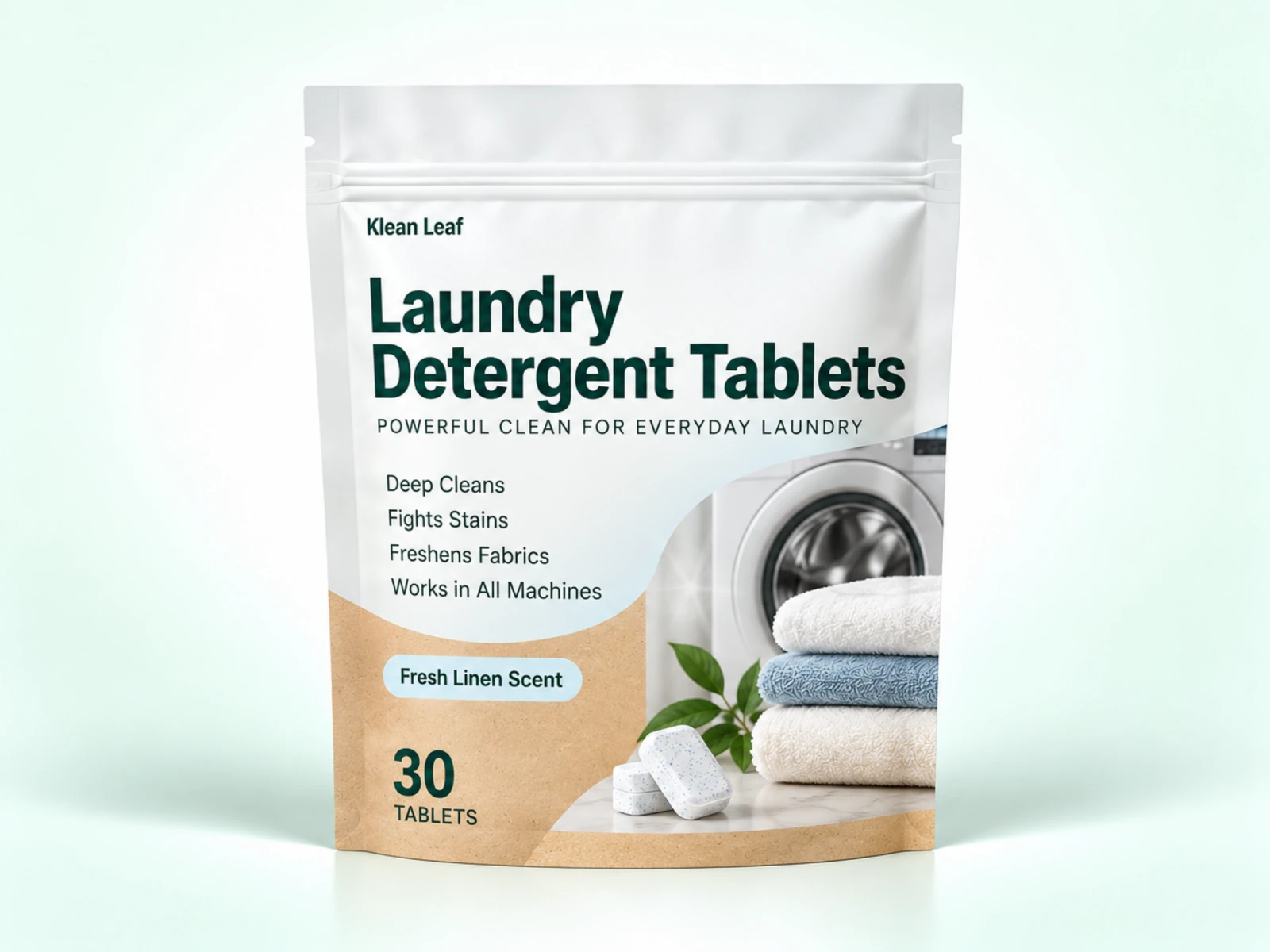 Klean Leaf laundry detergent tablets in a white and tan resealable pouch with a washing machine and towel illustration