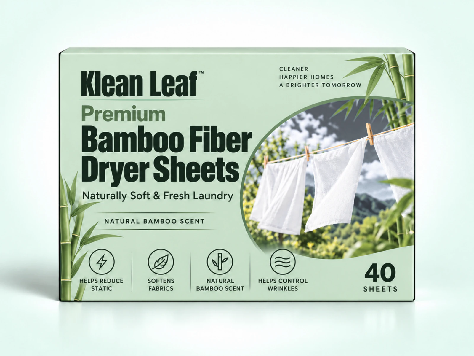 Klean Leaf Premium Bamboo Fiber Dryer Sheets in a light green box with bamboo and white laundry