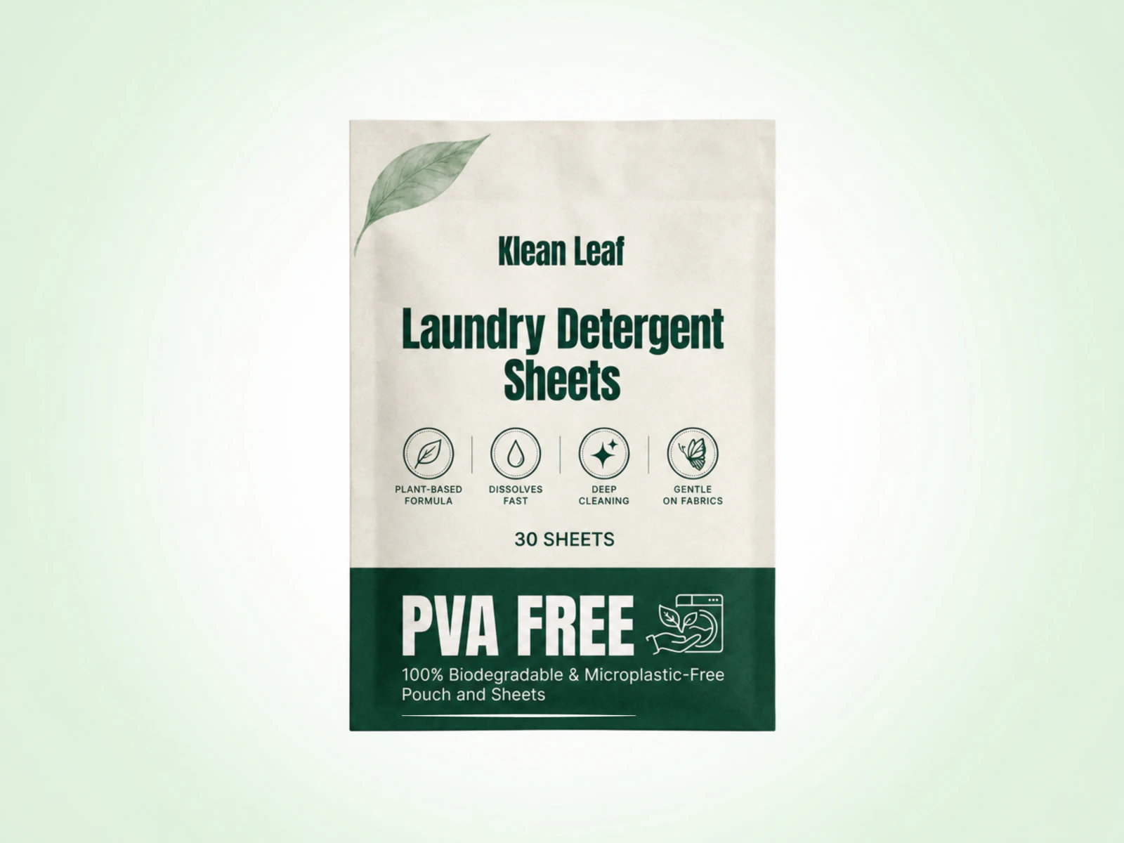 Klean Leaf PVA-free laundry detergent sheets packaging in cream and dark green