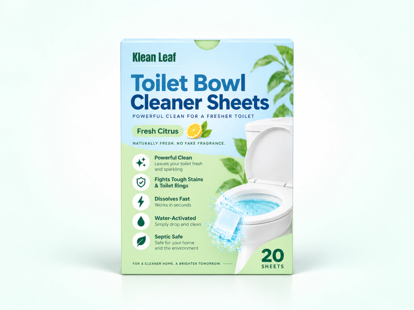 Klean Leaf Toilet Bowl Cleaner Sheets in a blue and green box with a toilet illustration